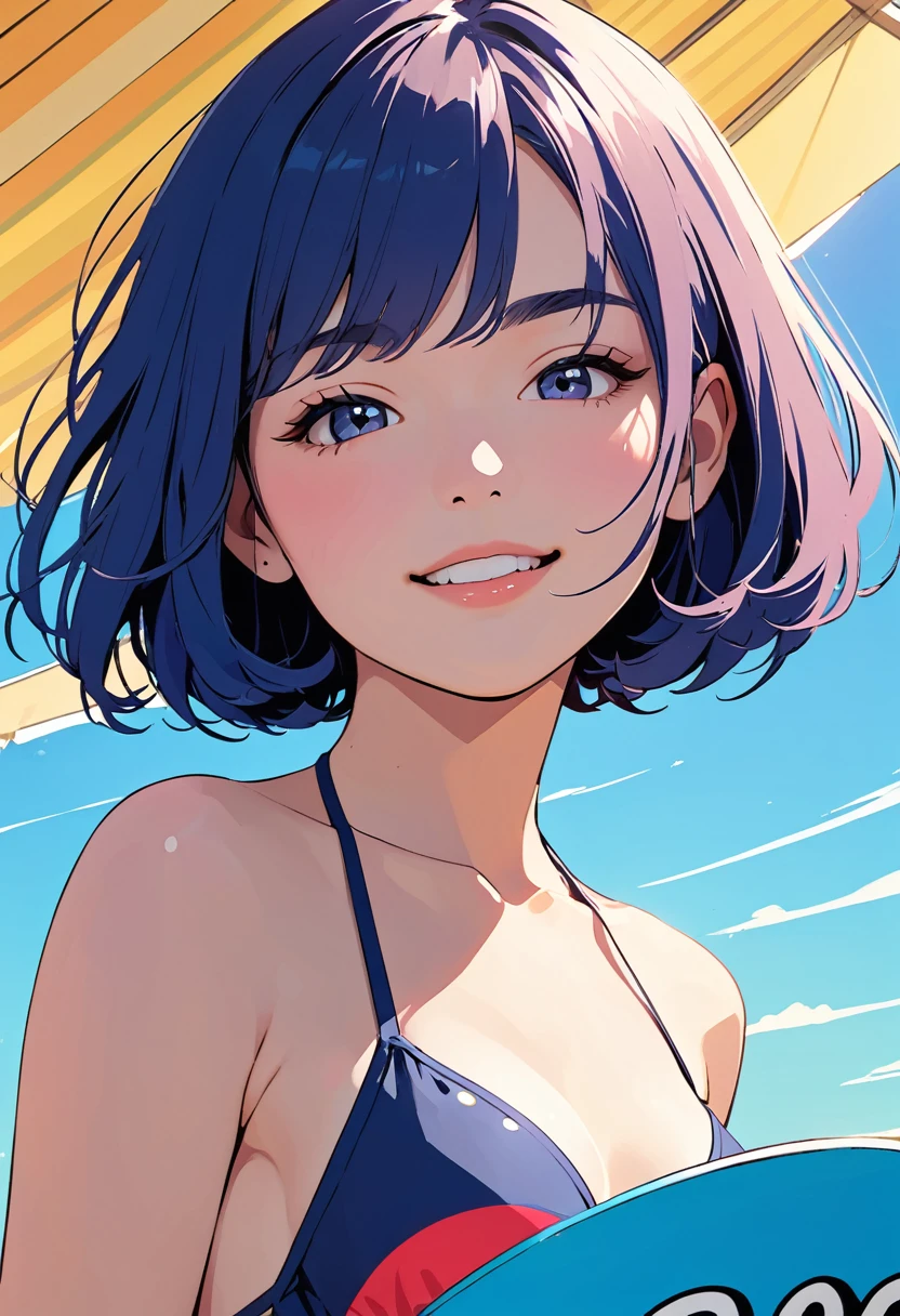 (masterpiece, best quality:1.1),
popart style,flat color,(girl has a board that written "20000over" ), cute face,bikini,enjoying,beach,okinawa,friendly,very happy,beautiful lighting,dynamic angle,depth of field,photographic portrait, sharp,BREAK (girl,16yo,detailed face,(darkblue wavy-short hair),eyebrows,middle small breasts),