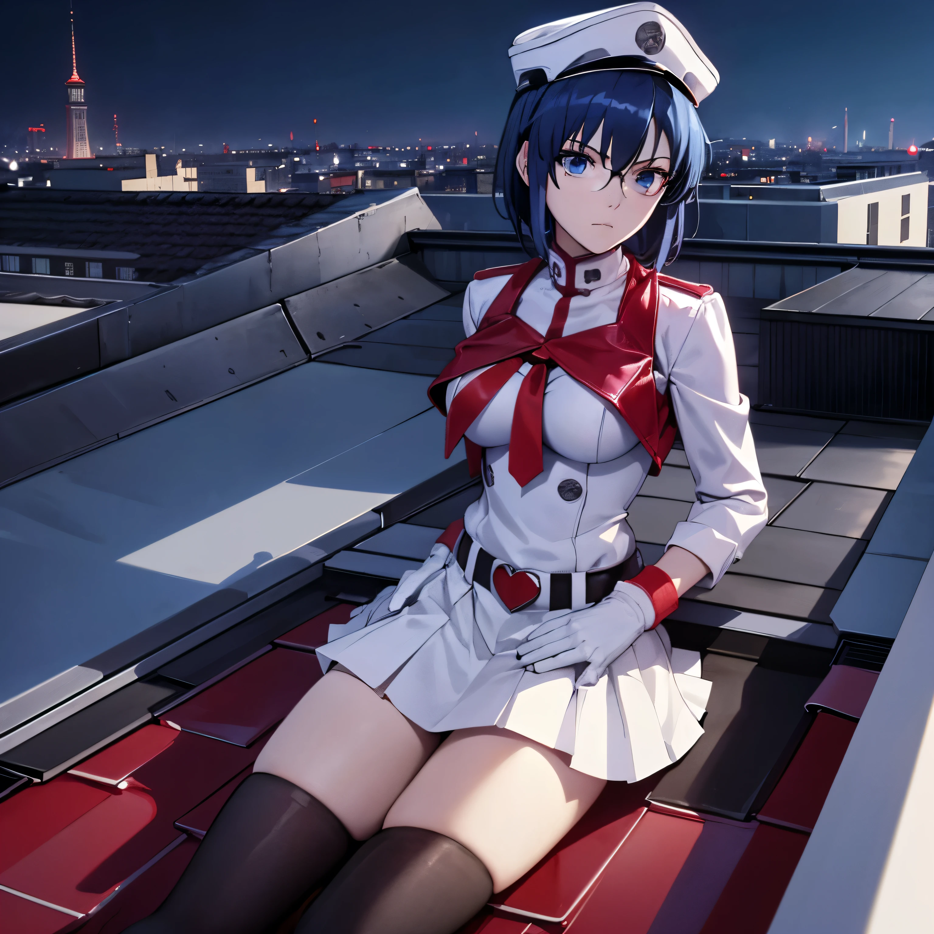 White gloves, red eyes, white jacket, white skirt, best quality, masterpiece, Highly detailed, illustration, absurdres, white military uniform, white uniform, white hat, solo, 1girl, expressionless, blank eyes, looking at viewer, emotionless, corruption, mind control, female combatant, full body, hypnotized, unhappy trance, perfect female body, extremely glossy latex, belt, hypnosis, hypnoLora, empty eyes, Mind control device, thigh high, Bleach, Quincy, thighhighs, tight miniskirt, medium breast, ciel_(tsukihime), blue hair, blue eyes, short hair, glasses, (((rooftop background, on rooftop)))