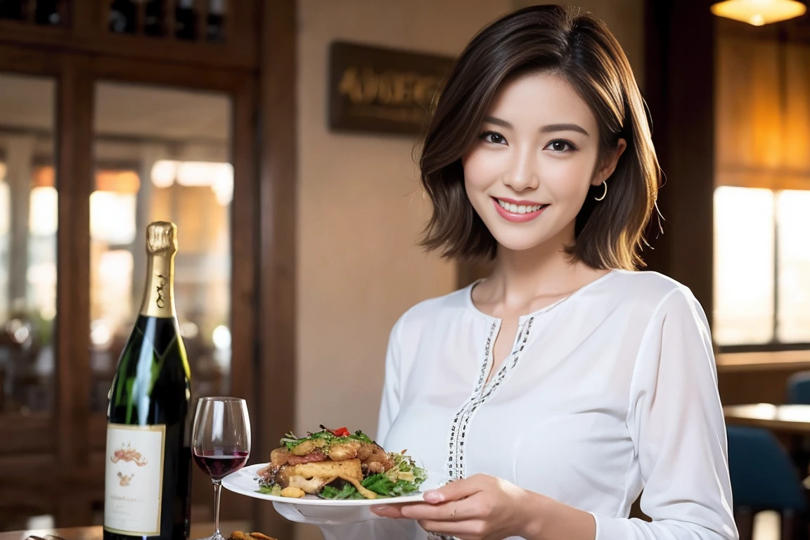 (Realistic:1.1),(masterpiece,Highest quality),8k,(56 years old), 53 years old, ベリーslimボディ、slimカップル、Tight waist,Upper Body,full-course dinner、wine 、Amazing view of the sunset sky and clouds、Perfect Anatomy, Brown Hair, short hair,Random Hairstyles,((Highly detailed face and eyes:1.2)),Perfect golden ratio face,Long sleeve shirt、dress,(smile:1.2)、Shortcuts、cute、(Realistic, Intricate details:1.2), A bright smile、short hair,Bright Face、赤wine 、Appetizers、Italian food、wine bottle、Champagne、スパークリングwine、(slimな顔), (The body is slim), (Brown Hair), (Shortcuts), Upper Body, 白wine, slim, wineグラス,