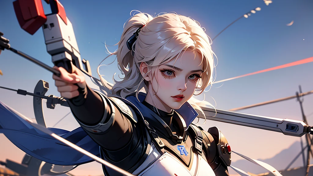A beautiful cyborg archer shoots a bow。Warriors around her to protect her。