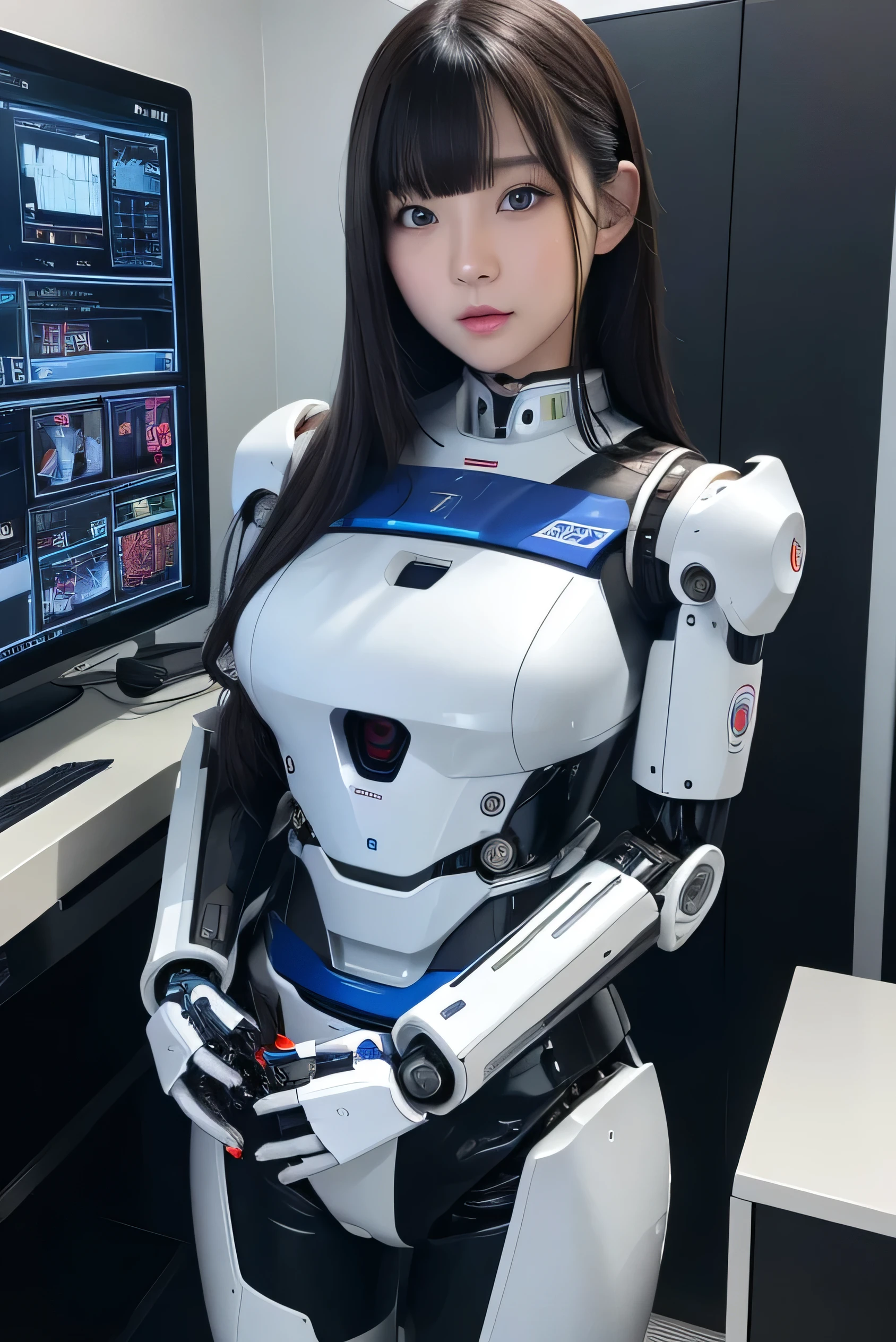 masterpiece, best quality, extremely detailed, Japaese android girl,Plump ,control panels,android,Droid,Mechanical Hand, Robot arms and legs,Blunt bangs,perfect robot girl,long tube,thick cable connected her neck,android,robot,humanoid,cyborg,japanese cyborg girl ,robot-assembly plant,She has assembled now,assembly scene,chest monitor,blue eyes