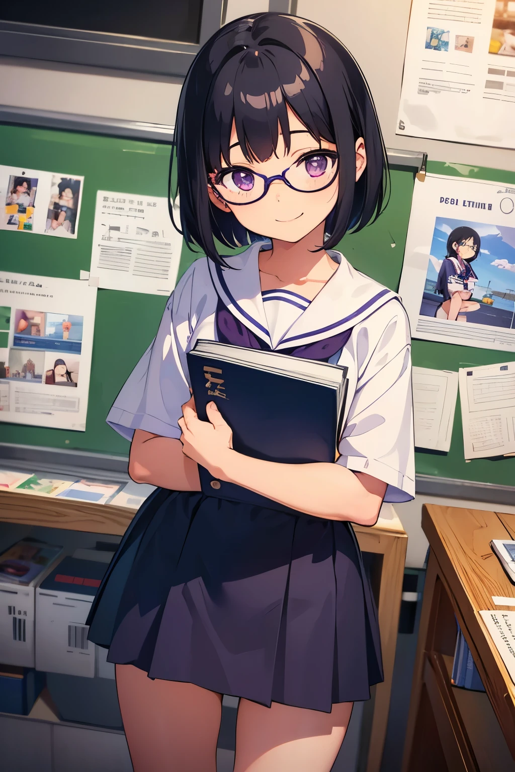 , 8 years old, toddler,  black hair, ort bob, glasses, purple eyes　smile　People around　 A plain white short-sleeved sailor suit　Navy blue mini skirt　White panties　White sock sneakers　Town bookstore　holding a book　Are standing　（（I can see her panties））　 Dynamic Angle　Low - Angle