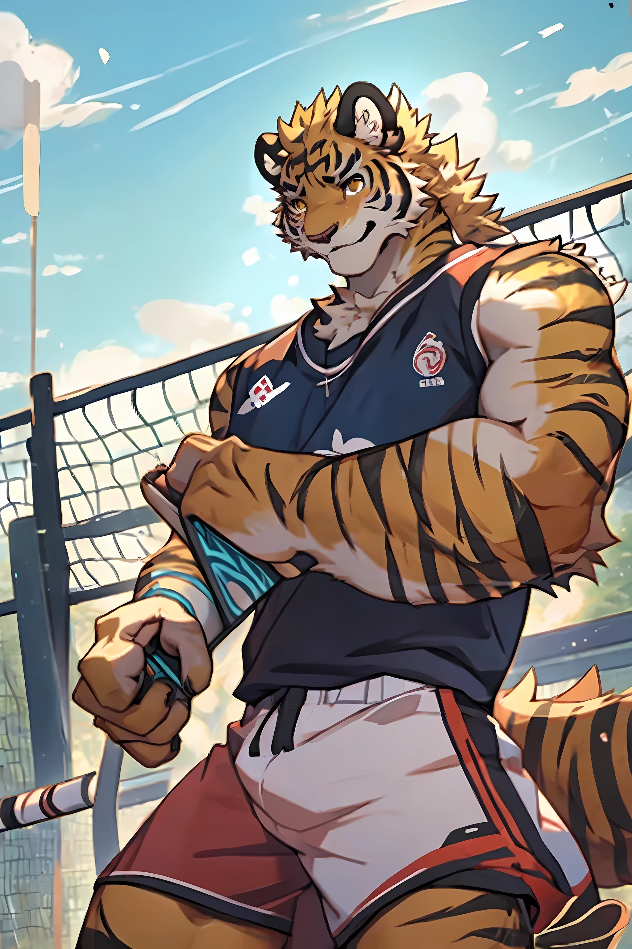 juvenile，Golden fur，bionde，Tiger，Golden Eyes，Delicate eyes，Exquisite eyes，Very high detail，8K HD characters，proudly，blush，Wearing a badminton uniform，Holding a badminton racket，Look at the screen，The background is a badminton court。（detail，Eyes detail）