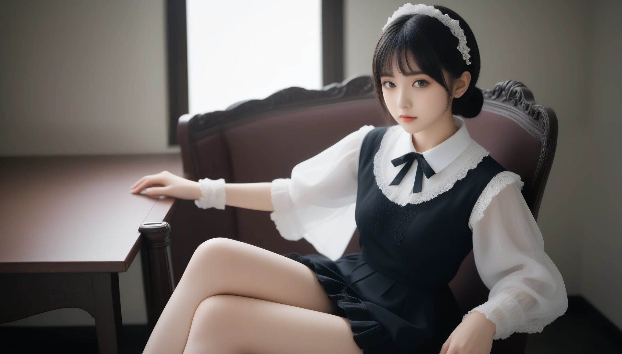 8k, Ultra-high resolution, Highest quality, masterpiece, 三分割法によるphotograph,Surreal, photograph, 1 Girl, (16 years old:1.3), pretty girl, Cute Face, Beautiful eyes in every detail, 細かくdetailedに,masterpiece,One Girl:1.2,Japan Female Teachers,full body,Serious expression,Black short hair,Blunt bangs,Sit in a big chair,((Fusion of Gothic Lolita and Lolita fashion:1.3)),Captivating thighs,Beautiful leg line beauty,bracelet, chest, choker, clavicle, Earrings,Gray background ,Perfect and beautiful face ,完璧でCute Face, Skin with attention to detail, Perfect limbs、Narrow waist,Looking at the audience,(((Ideal body type))),Aカップの小さなchest :2,Portraiture:2,Perfect Anatomy,鮮明なdetailed,detailed,Surreal,Light and shadow,spotlight