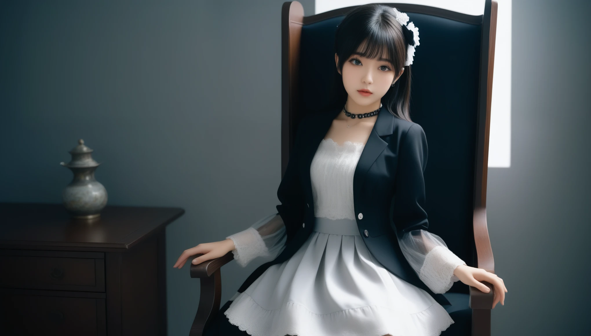8k, Ultra-high resolution, Highest quality, masterpiece, 三分割法によるphotograph,Surreal, photograph, 1 Girl, (16 years old:1.3), pretty girl, Cute Face, Beautiful eyes in every detail, 細かくdetailedに,masterpiece,One Girl:1.2,Japan Female Teachers,full body,Serious expression,Black short hair,Blunt bangs,Sit in a big chair,((Fusion of Gothic Lolita and Lolita fashion:1.3)),Captivating thighs,Beautiful leg line beauty,bracelet, chest, choker, clavicle, Earrings,Gray background ,Perfect and beautiful face ,完璧でCute Face, Skin with attention to detail, Perfect limbs、Narrow waist,Looking at the audience,(((Ideal body type))),Aカップの小さなchest :2,Portraiture:2,Perfect Anatomy,鮮明なdetailed,detailed,Surreal,Light and shadow,spotlight