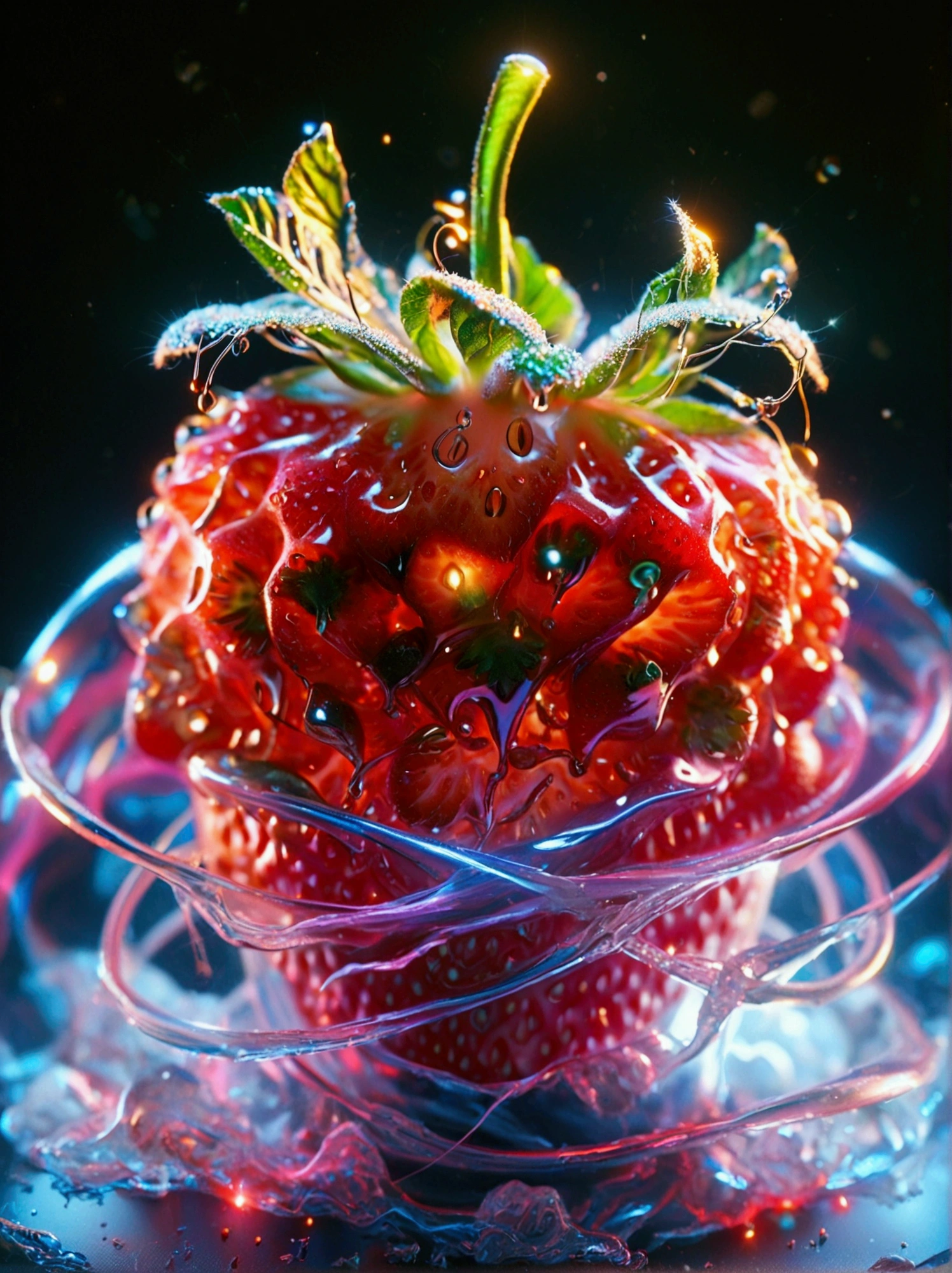 A red strawberry split in half，Capture stunning details with a macro lens，The strawberry is encased in a radiating toroidal field.，This is visually synonymous with electromagnetism，A spiral vortex penetrates the core of the strawberry，​​Surrounded by a swirl of otherworldly neon，Gives a feeling of suspension，These lights flash a deep purple、Electric blue and bright pink，They also illuminate the strawberry from the inside，Suggesting that there is a mysterious energy source at its core，This image was created using a digital simulation of a soft brush，Completed in unison in a fascinating and mysterious sci-fi setting，A perfect blend of natural beauty and technological aspects