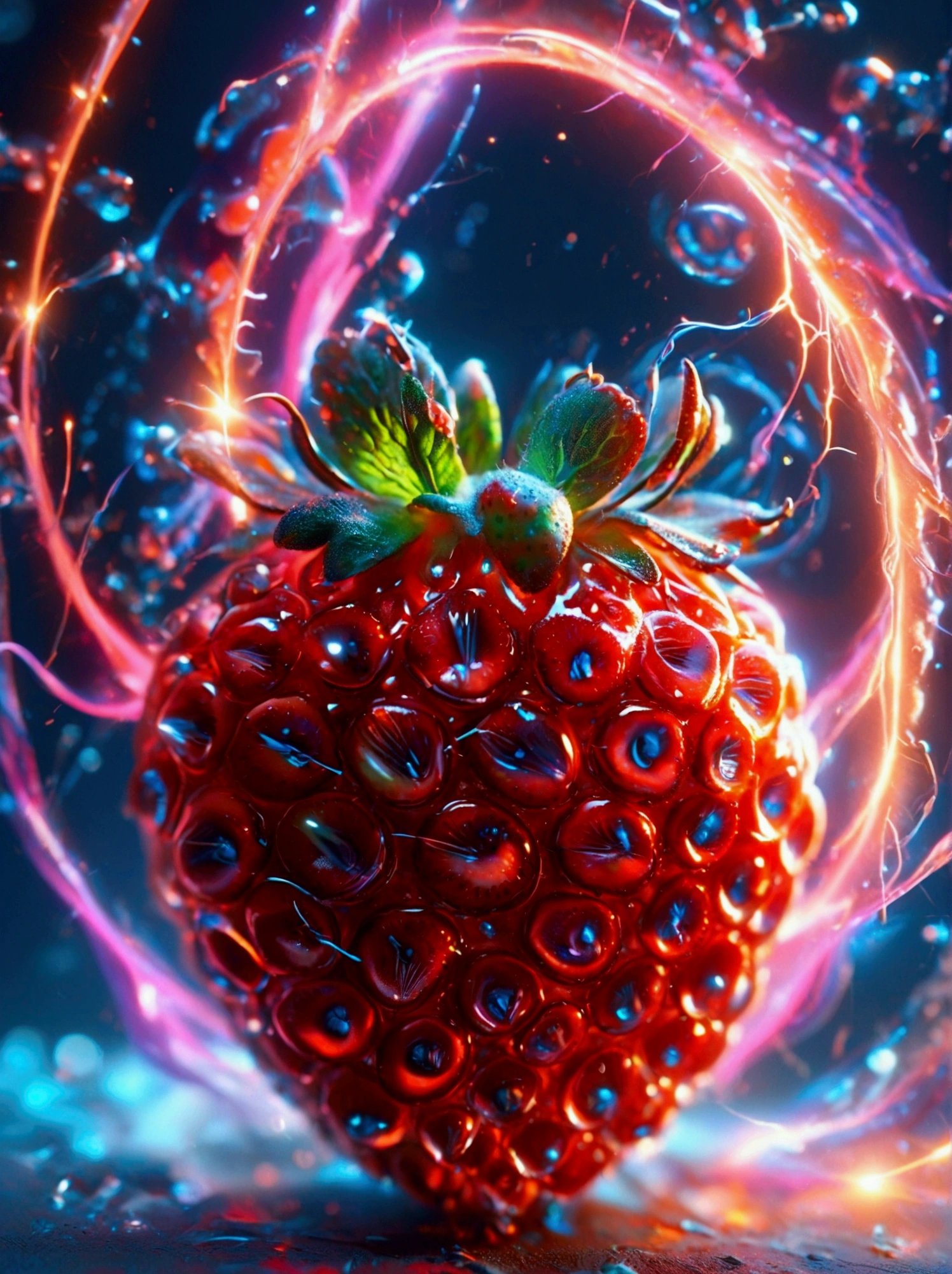 A red strawberry split in half，Capture stunning details with a macro lens，The strawberry is encased in a radiating toroidal field.，This is visually synonymous with electromagnetism，A spiral vortex penetrates the core of the strawberry，​​Surrounded by a swirl of otherworldly neon，Gives a feeling of suspension，These lights flash a deep purple、Electric blue and bright pink，They also illuminate the strawberry from the inside，Suggesting that there is a mysterious energy source at its core，This image was created using a digital simulation of a soft brush，Completed in unison in a fascinating and mysterious sci-fi setting，A perfect blend of natural beauty and technological aspects