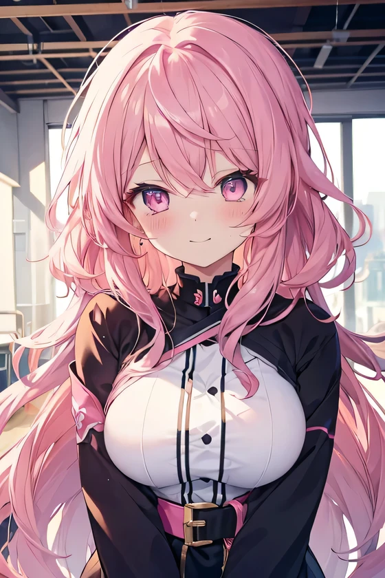 girl, cute anime girl, smile, pink hair, long hair, messy hair, wavy hair, pink eyes, blushing, girl, big tits, beautiful hair style, (((Best Quality: 1.4)))
