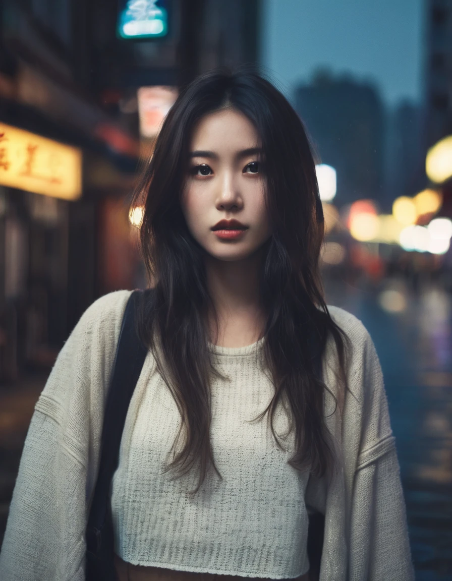 1girl,solo, long hair, Rough skin,(looking at viewer:1.2), hair,micro_shorts,dark,polaroid,(depth_of_field:1.5),rainy days,outdoors,street,long brown hair , moody lighting, Tyndall effect,Cinematic Lighting,night,lamppost,lens flare,available light,rim light,glowing neon lights,curvy,chinese_style,