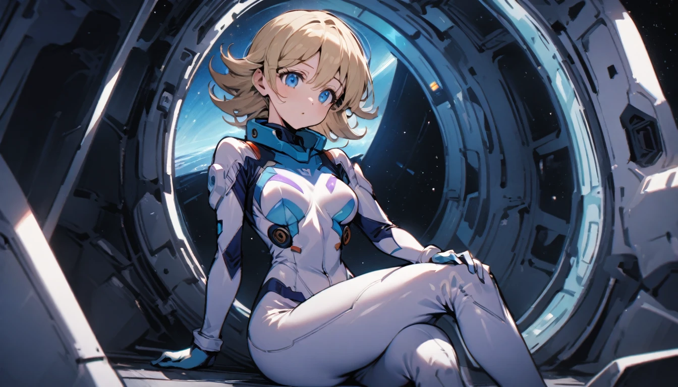 Tomboish girl, short blond hair, blue eyes, wearing a space military skinsuit, she sits on the floor and leans on to a inner wall of a spaceship