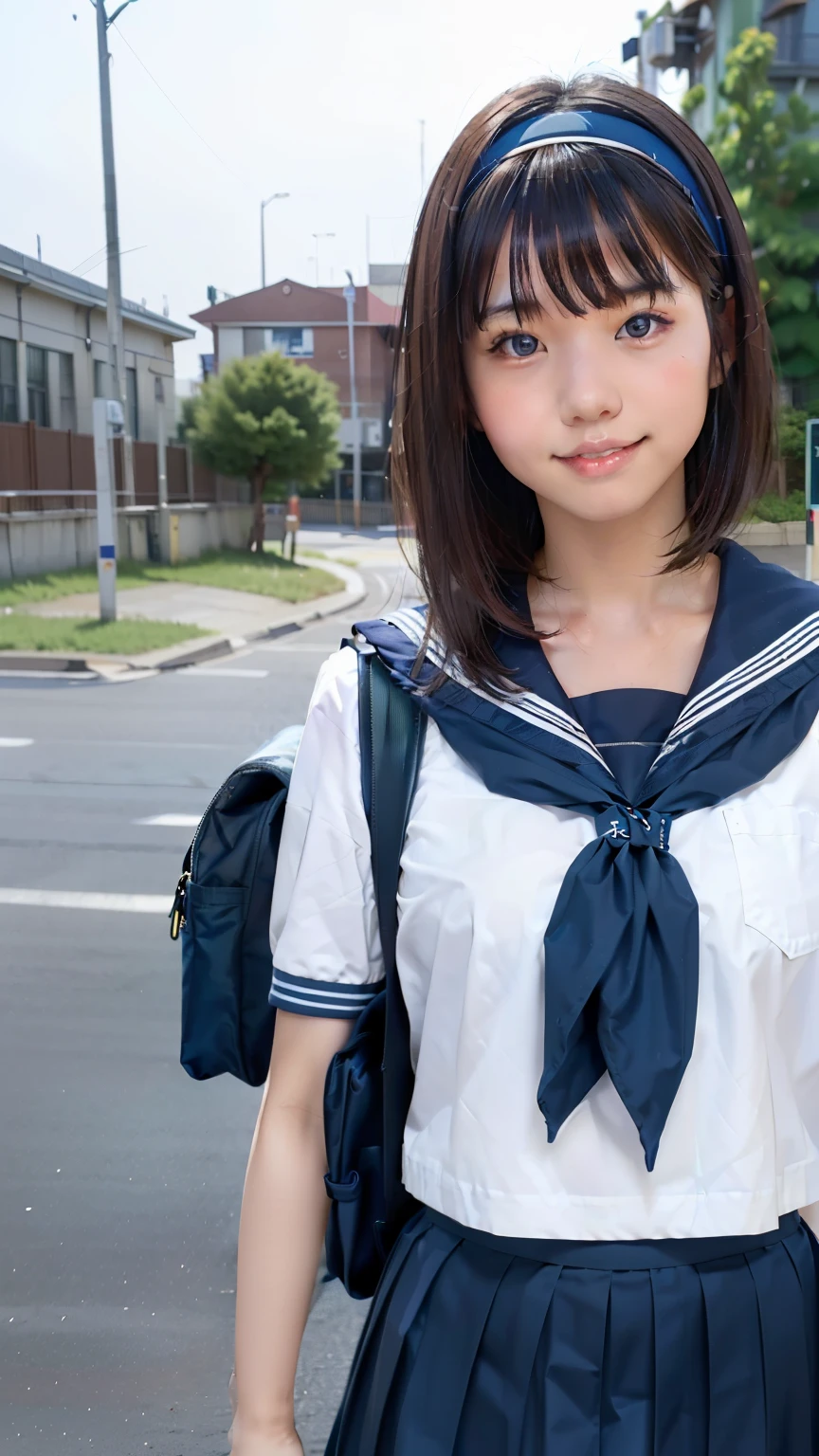 sailor uniform, One Woman, (Beautiful woman, delicate :1.3), Black Hair, bob cur hair, Patsun, 8k, Highest quality, masterpiece, Very detailed, Ultra-high resolution, Realistic, RAW Photos, Absolute Resolution, Black Hair, Navy blue sailor uniform, (Navy blue pleated skirt:1.4), Realistic high school girl, (White headband:1.4), Small breasts, expensive, Bright Blue Eyes, (In front of the school gate), smile, (standing pose:1.4), (one school bag on shoulder:1.4), (long skirt:1.4), slender female body, Blur the background, junior high school student, 