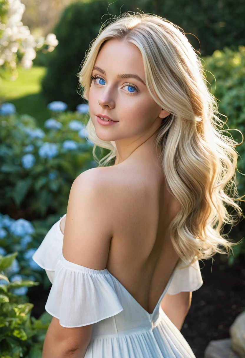 "A photorealistic picture of a 25-year-old American girl with long, medium size breast, medium size ass, tiny attractive nose, flowing blonde hair and blue eyes with wearing white dress. She should have a natural, approachable expression and be illuminated by soft.Instagram photo. She is in the garden, her hands are not captured in the photo, Capture this image with a high-resolution photograph. photo is taken from her back. Her ass is shown on the photo
