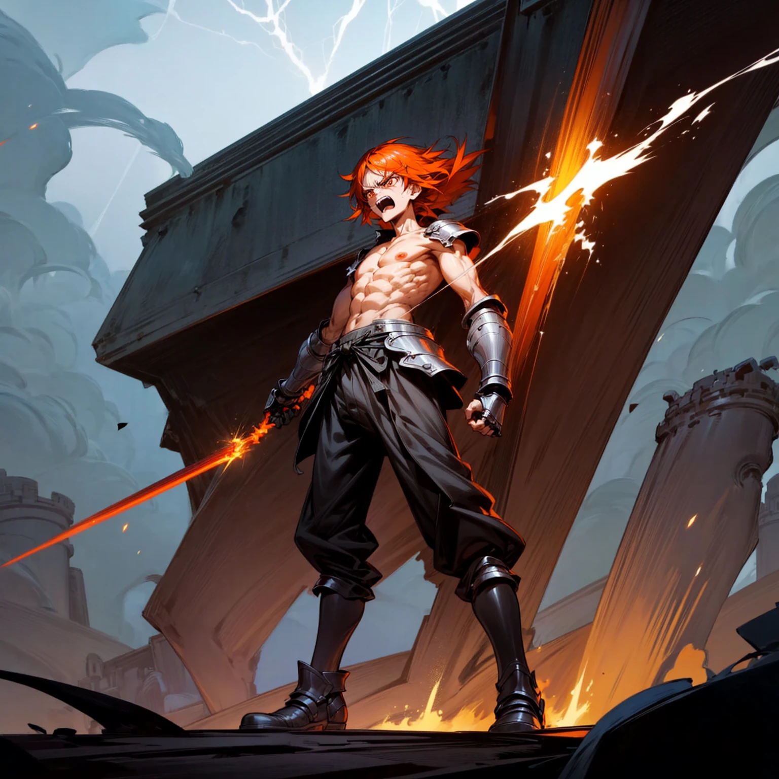Solo character, full body version, tall height, old man, Red eyes, orange half black color hair, long haircut, topless, long pants, boots, heavy armor, soldier knight, outdoor, Castle, (Bleach style art), standing gesture, angry eyes, angry, open mouth, smoke effect , lightning light, lightning flash, electricity, spectrum