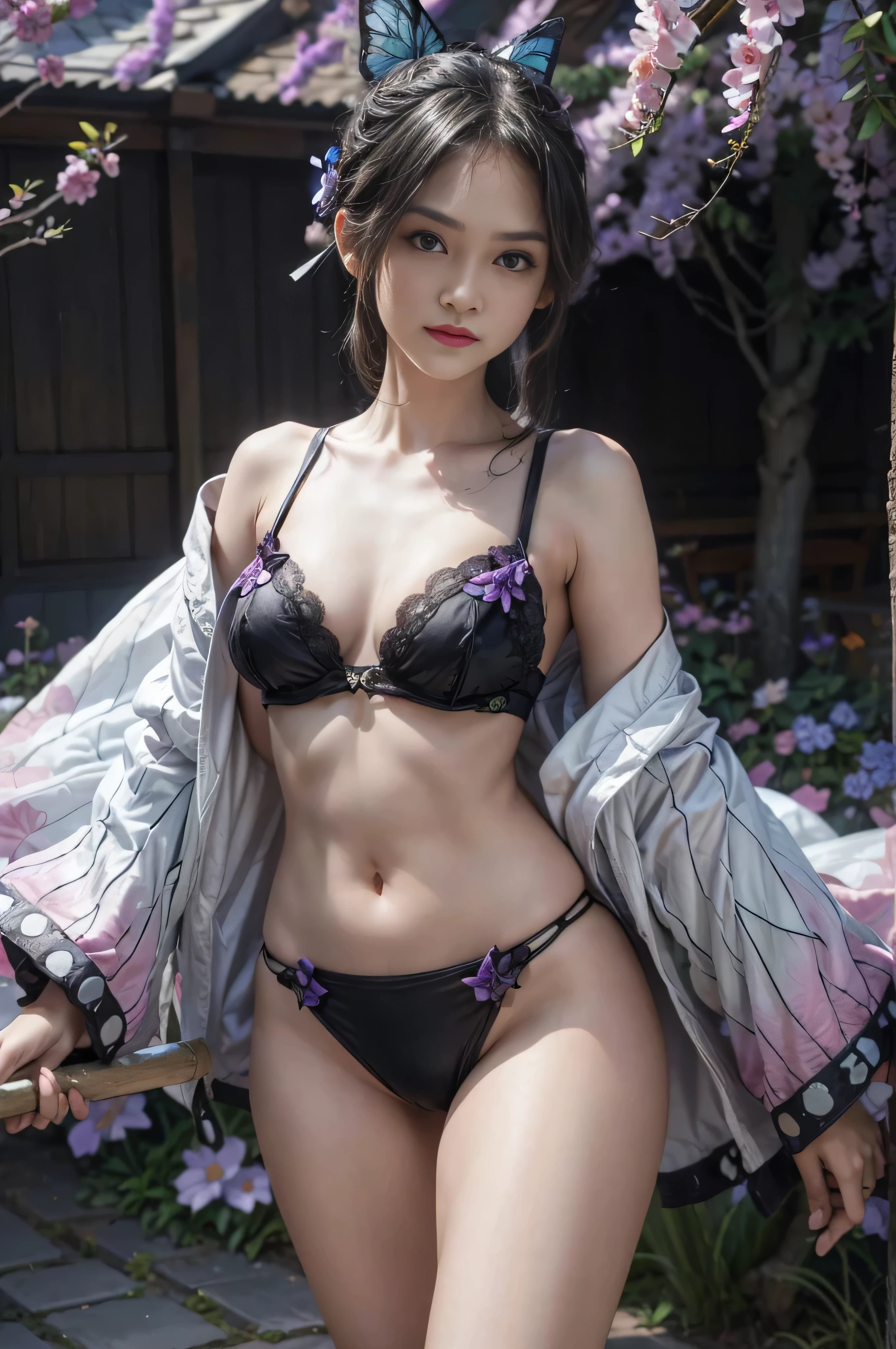 Ultra-realistic 8kCG,tmasterpiece,((hyper detailed background,delicate patterns,intricate-detail)),best qualtiy,extremely detailed man,extremely detailed eye and face,extremely detailed eye,kochou shinobu,O cabelo multicolorido,No bangs,Hair intake,Black eye,Cap,Black shirt,Black panties,(The bikini),butterflys,Strip Strip,(Trepical Garden:1.2),purple flower,Mostly cloudy sky,rays of sunshine,Tyndall effect,gradient_Heaven,faceeautiful sky,Saber on the waist,enchanting posture,(large full breasts:1.3),(cleaveage:1.3),(Off-the-shoulder costumes:1.5),ssmile, Appearance from behind, butt sticks out, big breast