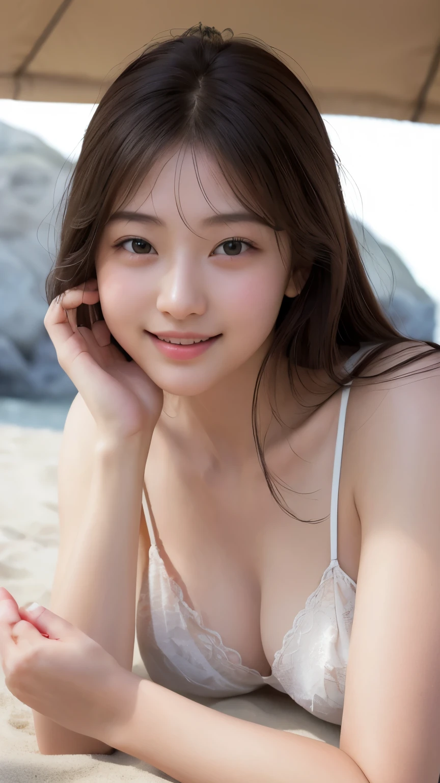 (RAW Photos, Highest quality), (Realistic, Photorealistic:1.3), masterpiece, Very delicate and beautiful, Soft Light, Beautiful detailed girl, (Detailed fingers), 1 girl, Japanese, Pure beauty, cute, young, smile, Beach,　Lying down