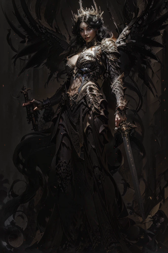 A beautiful dark angel woman, long black hair, pale white skin, holding a majestic sword, dark angel wings spreading behind her, wearing a black flowing dress, surrounded by dark smoky effects, (best quality,4k,8k,highres,masterpiece:1.2),ultra-detailed,(realistic,photorealistic,photo-realistic:1.37),dark fantasy,highly detailed face, extremely detailed eyes and face, longeyelashes, elegant pose,dramatic lighting,moody colors,dark tones