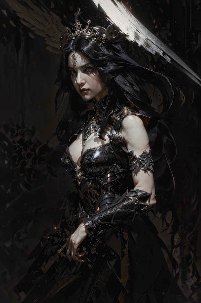 A beautiful dark angel woman, long black hair, pale white skin, holding a majestic sword, dark angel wings spreading behind her, wearing a black flowing dress, surrounded by dark smoky effects, (best quality,4k,8k,highres,masterpiece:1.2),ultra-detailed,(realistic,photorealistic,photo-realistic:1.37),dark fantasy,highly detailed face, extremely detailed eyes and face, longeyelashes, elegant pose,dramatic lighting,moody colors,dark tones