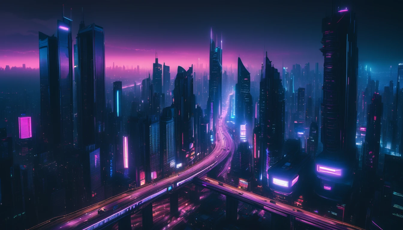 a near futuristic city at night, above angle of an empty highway above the ground, skyscrapers, cyberpunk city,neon lights,glowing buildings,dramatic lighting,cinematic atmosphere,(best quality,4k,8k,highres,masterpiece:1.2),ultra-detailed,(realistic,photorealistic,photo-realistic:1.37),cinematic,dramatic,moody,cyberpunk,neon,glowing,urban,futuristic