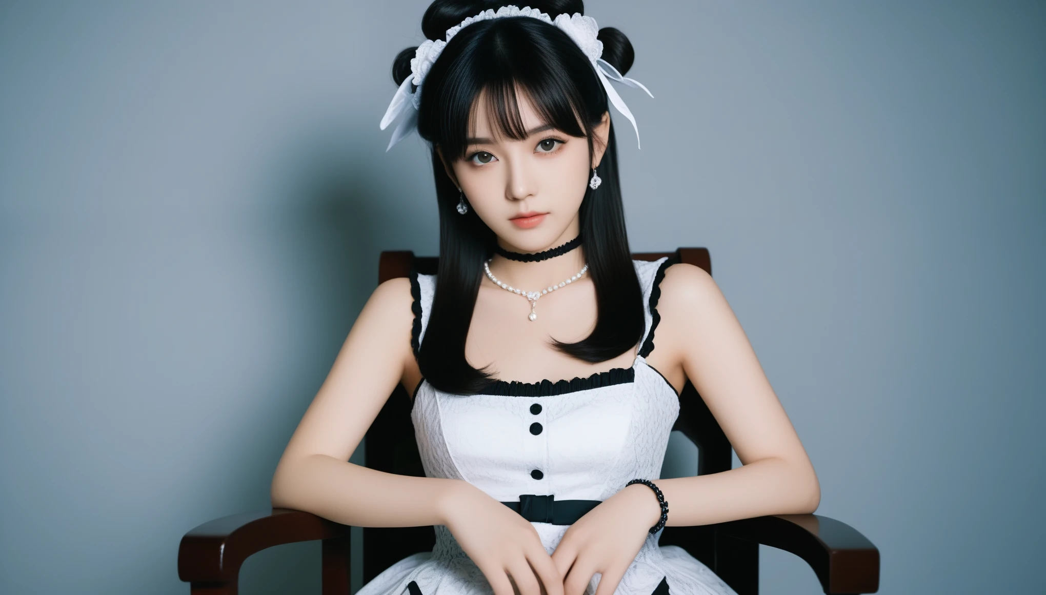 8k, Ultra-high resolution, Highest quality, masterpiece, 三分割法によるphotograph,Surreal, photograph, 1 Girl, (16 years old:1.3), pretty girl, Cute Face, Beautiful eyes in every detail, 細かくdetailedに,masterpiece,One Girl:1.2,Japan Female Teachers,full body,Serious expression,Black short hair,Blunt bangs,Sit in a big chair,((Fusion of Gothic Lolita and Lolita fashion:1.3)),Captivating thighs,Beautiful leg line beauty,bracelet, chest, choker, clavicle, Earrings,Gray background ,Perfect and beautiful face ,完璧でCute Face, Skin with attention to detail, Perfect limbs、Narrow waist,Looking at the audience,(((Ideal body type))),Aカップの小さなchest :2,Portraiture:2,Perfect Anatomy,鮮明なdetailed,detailed,Surreal,Light and shadow,spotlight