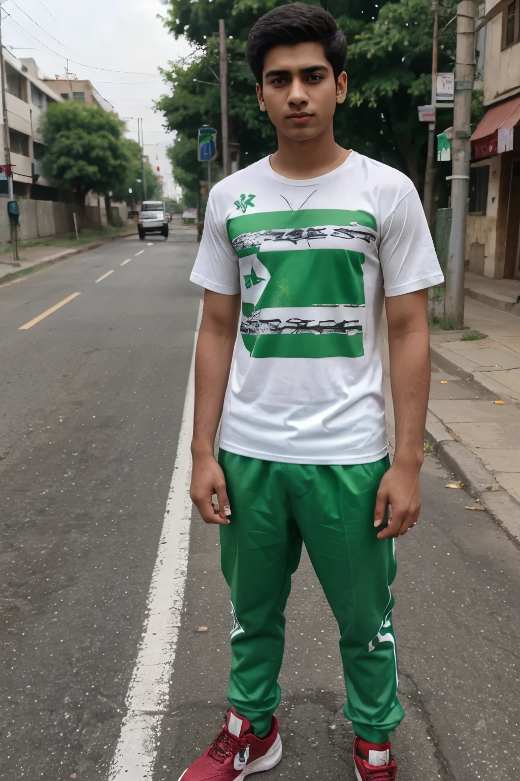 @Rajabislive:Generate a Realistic 20 years old boy, Wearing a shirt print is like pakistani flag and shahz" is written on his t-shirt and the boy is standing on the road with hand holding a natio