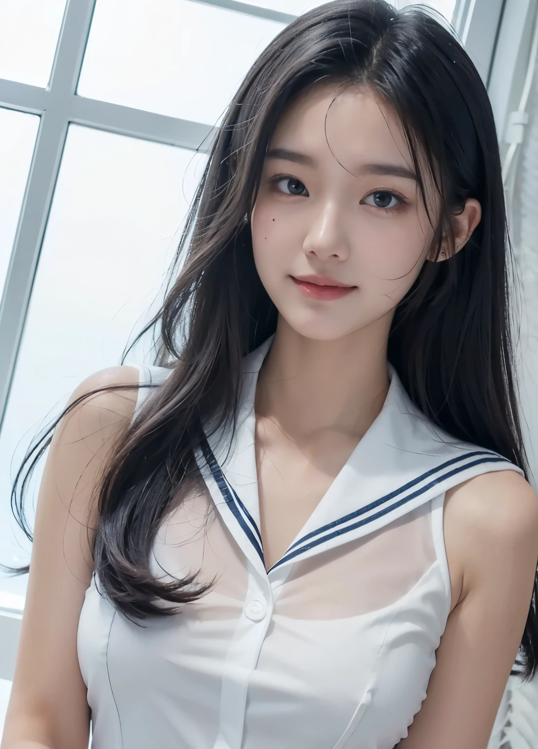 (See through:1.3),White Seraphim,Sailor suit, White Theme,school uniform, Sailor suit, View your viewers, Crazy, Disheveled long hair, Beautiful attention to detail,Hair shines,Elevation,Blue sailor collar, Firm breasts,Light Smile,Partially underwater...
