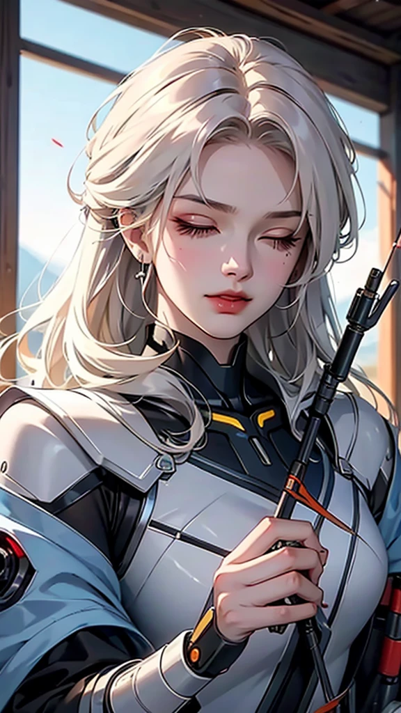 A beautiful cyborg archer shoots a bow。A face aiming seriously at the target。Close one eye。