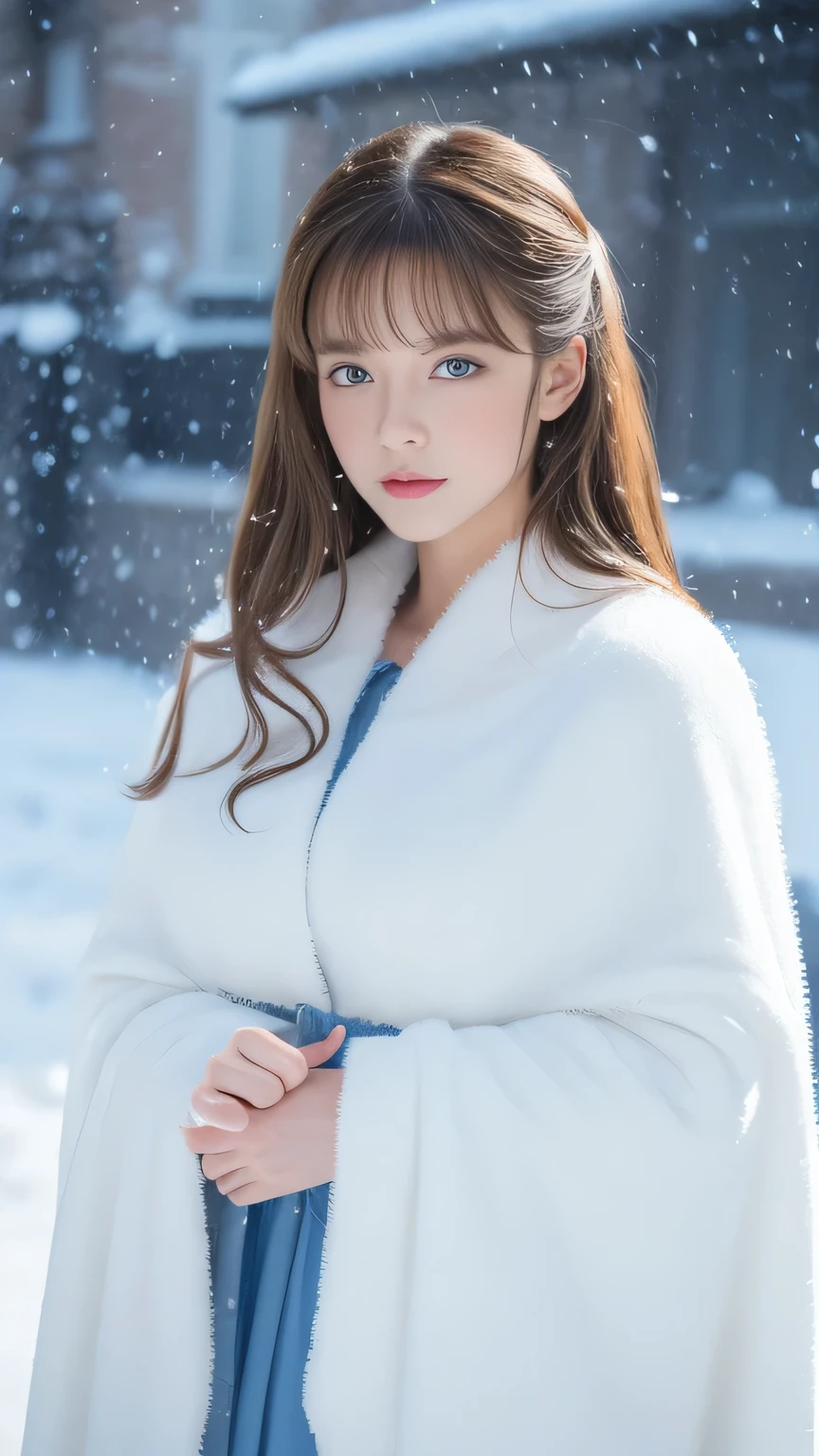 (highest quality, 8k, 32K,details are very clear),realistic, High resolution, 1 Japanese women, alone, (lolita costume),luxurious costume,facing the audience,(Upper body,upper limbs), beautiful eyes, brown hair, ring-shaped eyes, (outside,heavy snowfall,thick fur cape,cover with snow),snowfield,blue eyes,highest qualityのイラスト,detailed facial features