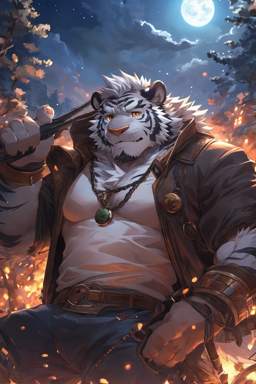 human nature, Wildlife,Orcs，refugee， male,36 years old，Old man， solitary, ((Round Face, The face is plump,Orange eyes,Light grey hair，Furry ears，Fluffy tail)), ((Endomorph, boring，Touch the fish)), （Poor people，Refugees，solitary独无力的，Torn and patched white shirt and torn pants), ((domestic gray tiger, 虎Orcs，) Fluffy fur, Fluffy), Bokeh, (high quality, high resolution, masterpiece), (Dynamic Lighting, Vibrant colors，Natural fill light), (Revitalize，Pitiful，tired), Full body picture (close up), cartoon, author：Takemoto Arashi, From zixiong, By Chunni, author：Empty Ghost，moonlight，The night is sleeping，Hungry，moonlight照射森林，Leaning against a tree，明亮的moonlight，Wild at night，（background：Spending the night in the forest）