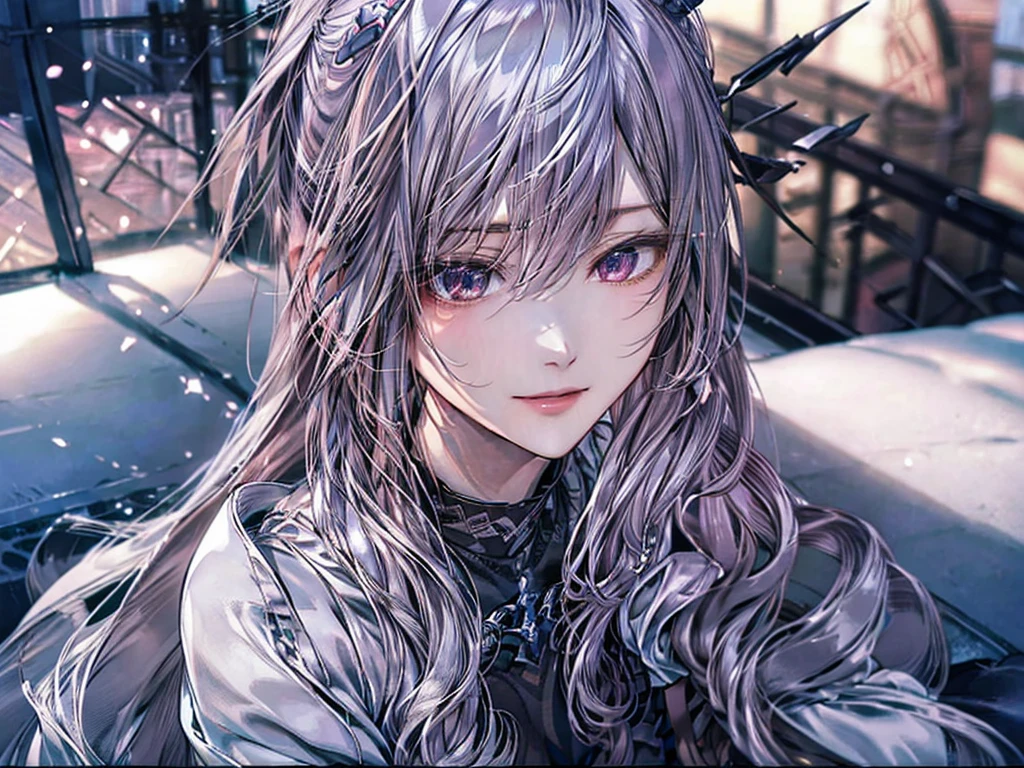 (Half Shot),(Surreal), (shape), (Increased resolution), (8k), (Very detailed), (Best shape), (Beautiful and detailed), (Highest quality), (Very detailedな), (masterpiece ), ( wallpaper), (Detailed face), Small 、Mature Woman, Looking at the audience, The finer details, Detailed face, In the Dark, Deep Shadow, Red Eye, Inconspicuous key, Pure  face ace_v1, smile, Long Hair, Silver shawl straight hair , 46 point diagonal bangs, (Light_smile:0.5), (Very embarrassed:0.8),