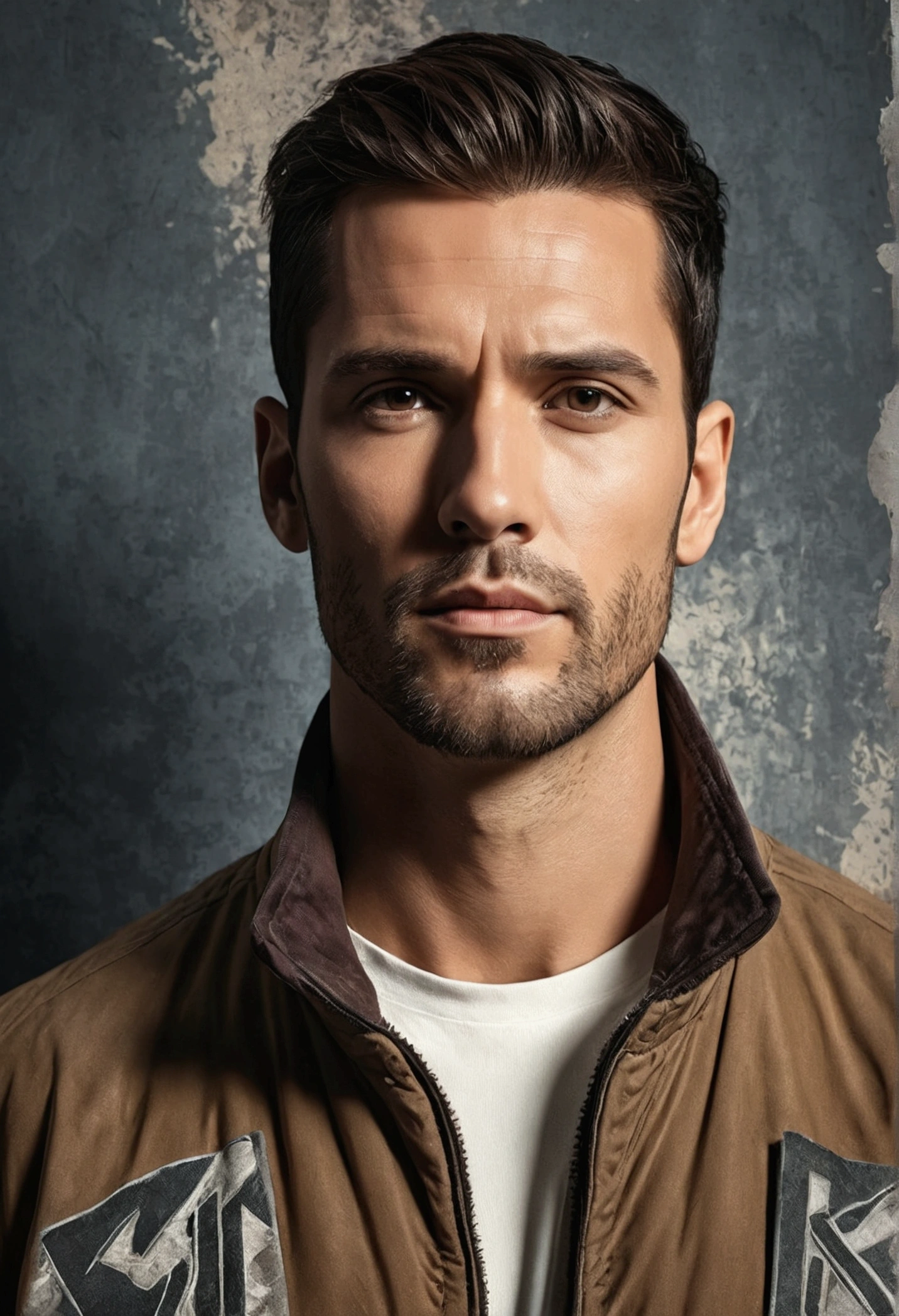 Change handsome man jacket sport grunge background , lifelike face , 8k , ultra realistic
