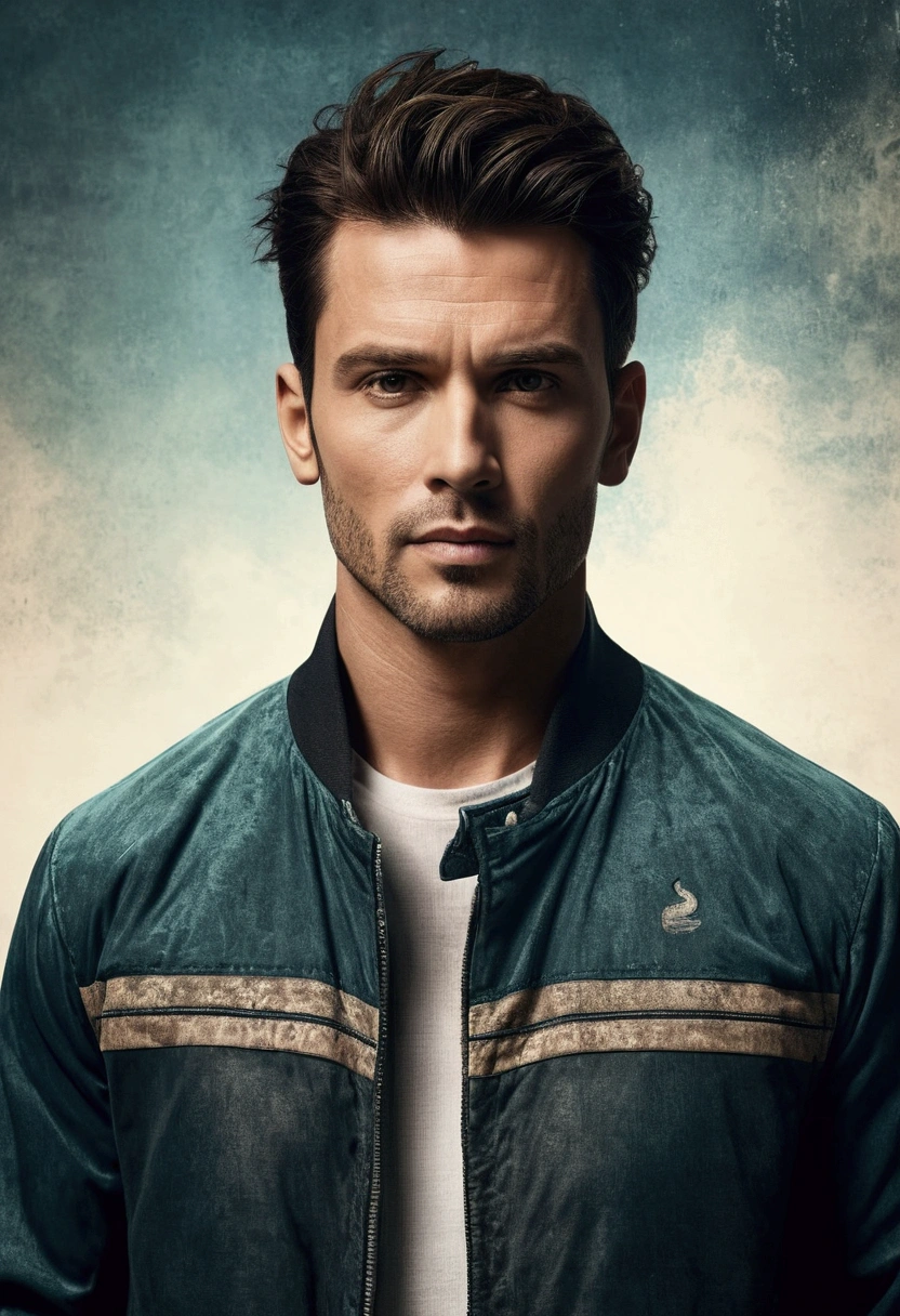 Change handsome man jacket sport grunge background , lifelike face , 8k , ultra realistic