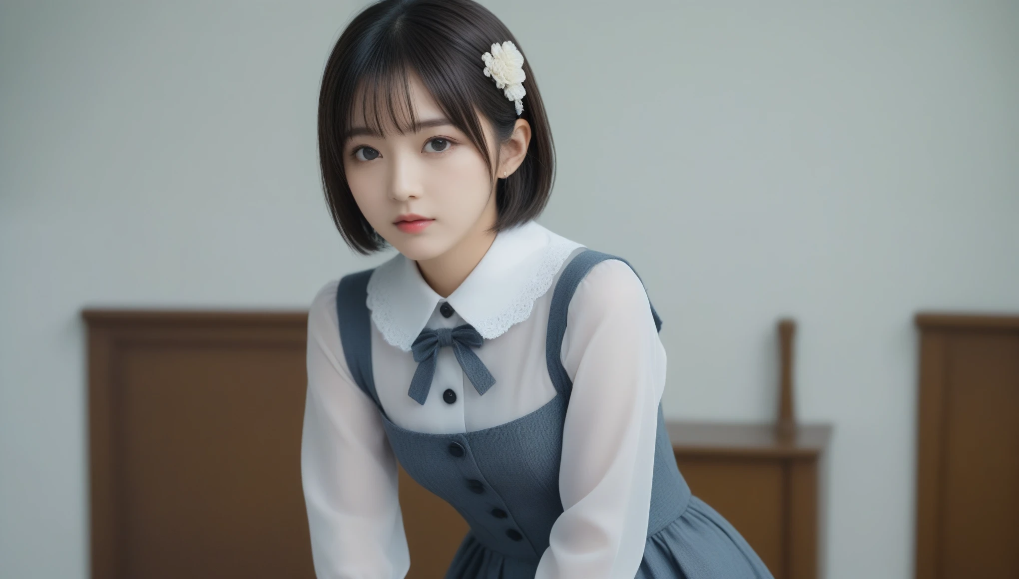 8k, Ultra-high resolution, Highest quality, masterpiece, 三分割法によるphotograph,Surreal, photograph, 1 Girl, (:1.3), pretty girl, Cute Face, Beautiful eyes in every detail, 細かくdetailedに,masterpiece,One Girl:1.2,Japan Female Teachers,full body,Serious expression,Black short hair,Blunt bangs,Sit in a big chair,((Fusion of Gothic Lolita and La fashion:1,Captivating thighs,Beautiful leg line beauty,bracelet, chest, choker, clavicle, Earrings,Gray background ,Perfect and beautiful face ,完璧でCute Face, Skin with attention to detail, Perfect limbs、Narrow waist,Looking at the audience,(((Ideal body type))),Aカップの小さなchest :2,Portraiture:2,Perfect Anatomy,鮮明なdetailed,detailed,Surreal,Light and shadow,spotlight