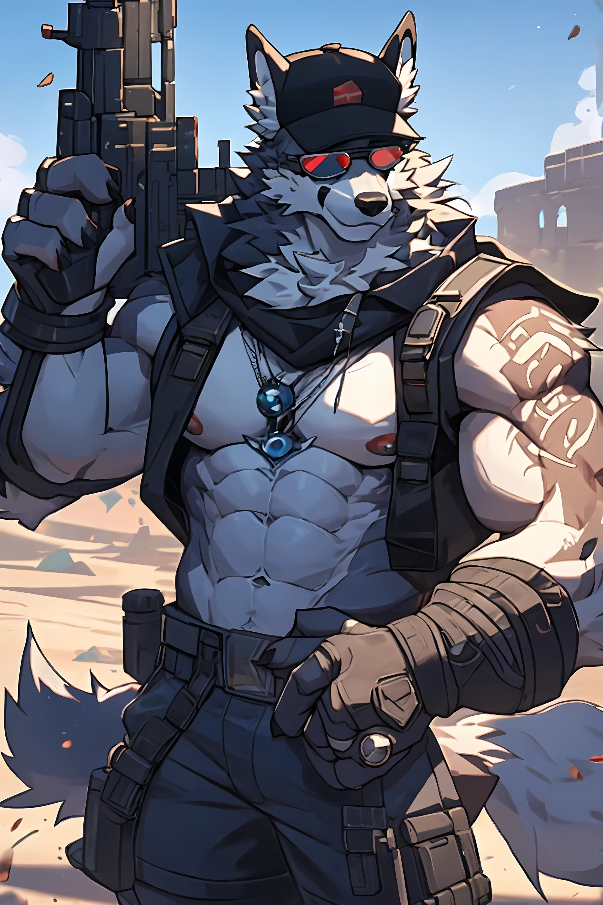 8k, Practical, High Detail, Very detailed, Wolf,Delicate eyes,Exquisite eyes,Extremely high detail,Wasteland Wind,High-tech sunglasses,One hand is a robotic arm,With cap,Abs loom,White fur,Strong body,With a gun in hand,Facing the screen
