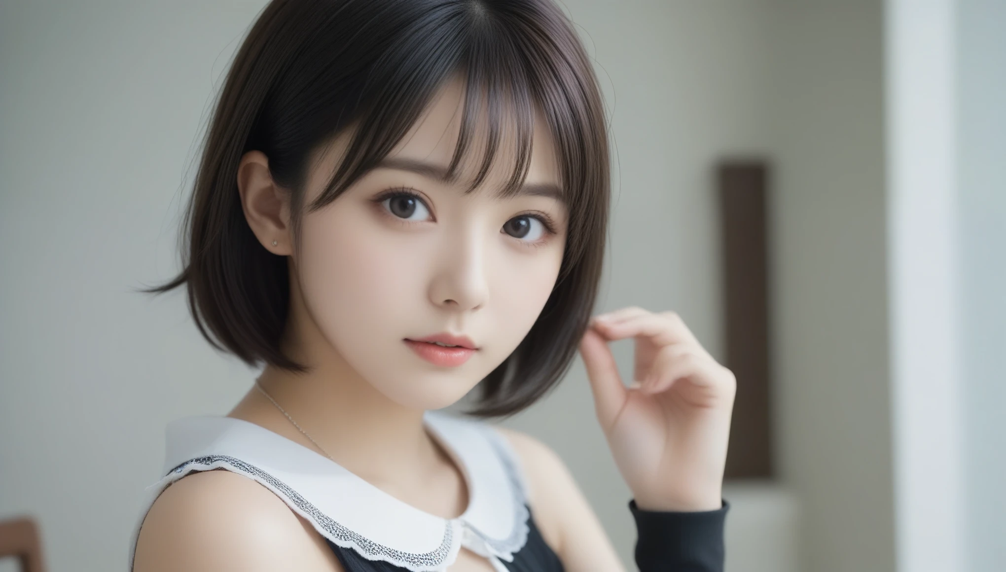 8k, Ultra-high resolution, Highest quality, masterpiece, 三分割法によるphotograph,Surreal, photograph, 1 Girl, (:1.3), pretty girl, Cute Face, Beautiful eyes in every detail, 細かくdetailedに,masterpiece,One Girl:1.2,Japan Female Teachers,full body,Serious expression,Black short hair,Blunt bangs,Sit in a big chair,((Fusion of Gothic Lolita and La fashion:1,Captivating thighs,Beautiful leg line beauty,bracelet, chest, choker, clavicle, Earrings,Gray background ,Perfect and beautiful face ,完璧でCute Face, Skin with attention to detail, Perfect limbs、Narrow waist,Looking at the audience,(((Ideal body type))),Aカップの小さなchest :2,Portraiture:2,Perfect Anatomy,鮮明なdetailed,detailed,Surreal,Light and shadow,spotlight
