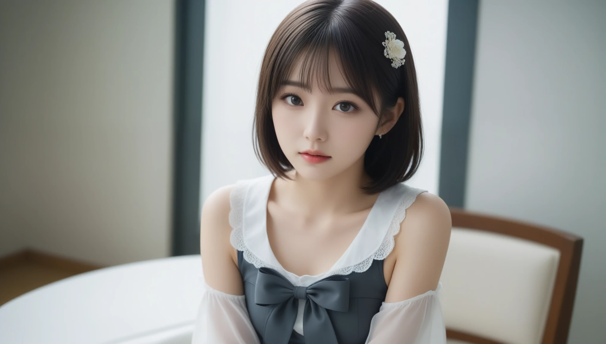 8k, Ultra-high resolution, Highest quality, masterpiece, 三分割法によるphotograph,Surreal, photograph, 1 Girl, (16 years old:1.3), pretty girl, Cute Face, Beautiful eyes in every detail, 細かくdetailedに,masterpiece,One Girl:1.2,Japan Female Teachers,full body,Serious expression,Black short hair,Blunt bangs,Sit in a big chair,((Fusion of Gothic Lolita and Lolita fashion:1.3)),Captivating thighs,Beautiful leg line beauty,bracelet, chest, choker, clavicle, Earrings,Gray background ,Perfect and beautiful face ,完璧でCute Face, Skin with attention to detail, Perfect limbs、Narrow waist,Looking at the audience,(((Ideal body type))),Aカップの小さなchest :2,Portraiture:2,Perfect Anatomy,鮮明なdetailed,detailed,Surreal,Light and shadow,spotlight