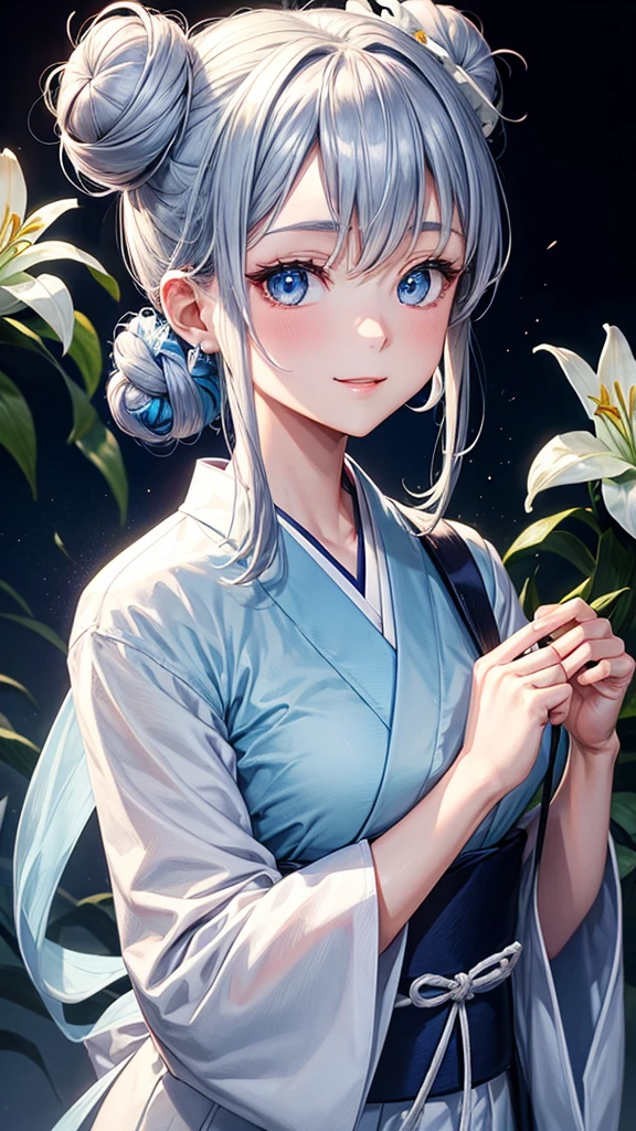 Anime character, half body only, upper body only, half body portrait, posing like a model, good looking, beautiful, full of details, aesthetic, hd, masterpiece art, amazing work. Solo, young girl, hair in bun, one bun, just one bun, flower accessories in bun, bluish gray colored hair, Lady, blue eyes, smile, elegant look, elegant carrying, white Japanese kimono, blue decoration, Lily flower theme, eyes facing camera, there are no hands to hinder the appearance, hands down, simple background.