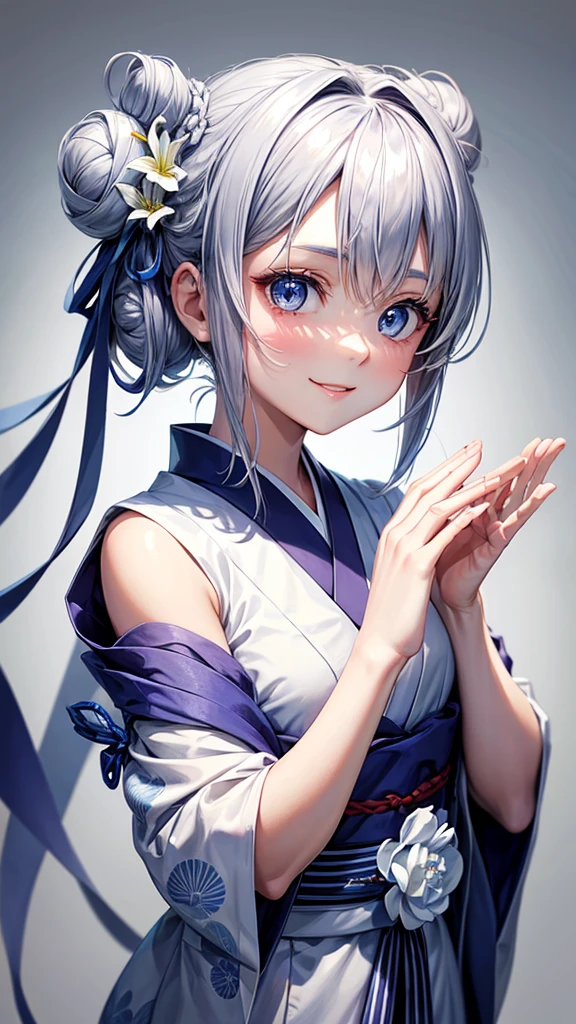 Anime character, half body only, upper body only, half body portrait, posing like a model, good looking, beautiful, full of details, aesthetic, hd, masterpiece art, amazing work. Solo, young girl, hair in bun, one bun, just one bun, flower accessories in bun, bluish gray colored hair, Lady, blue eyes, smile, elegant look, elegant carrying, white Japanese kimono, blue decoration, Lily flower theme, eyes facing camera, there are no hands to hinder the appearance, hands down, simple background.