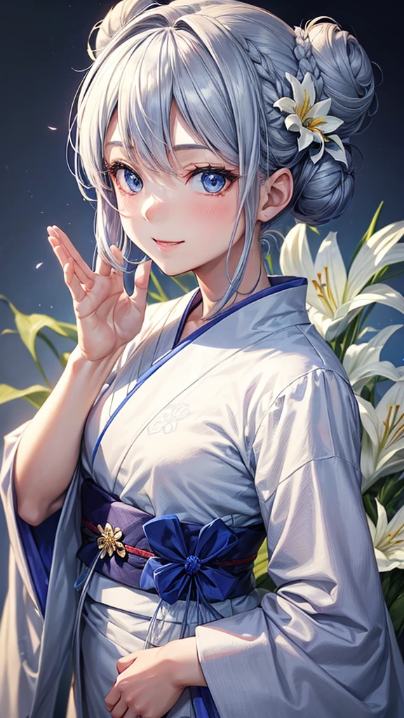 Anime character, half body only, upper body only, half body portrait, posing like a model, good looking, beautiful, full of details, aesthetic, hd, masterpiece art, amazing work. Solo, young girl, hair in bun, one bun, just one bun, flower accessories in bun, bluish gray colored hair, Lady, blue eyes, smile, elegant look, elegant carrying, white Japanese kimono, blue decoration, Lily flower theme, eyes facing camera, there are no hands to hinder the appearance, hands down, simple background.