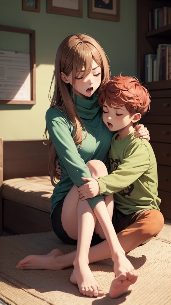 1 Girl、1boy、foot、Pantyhose、Book、Brown hair、heterosexuality、foot、Long hair、boy、Green shirt、Sitting、Mother and son、shorts、shirt、scarf、leg、child、ring、clock、skirt、open mouth、With eyes closed、Transparent leg、ring、Red Hair