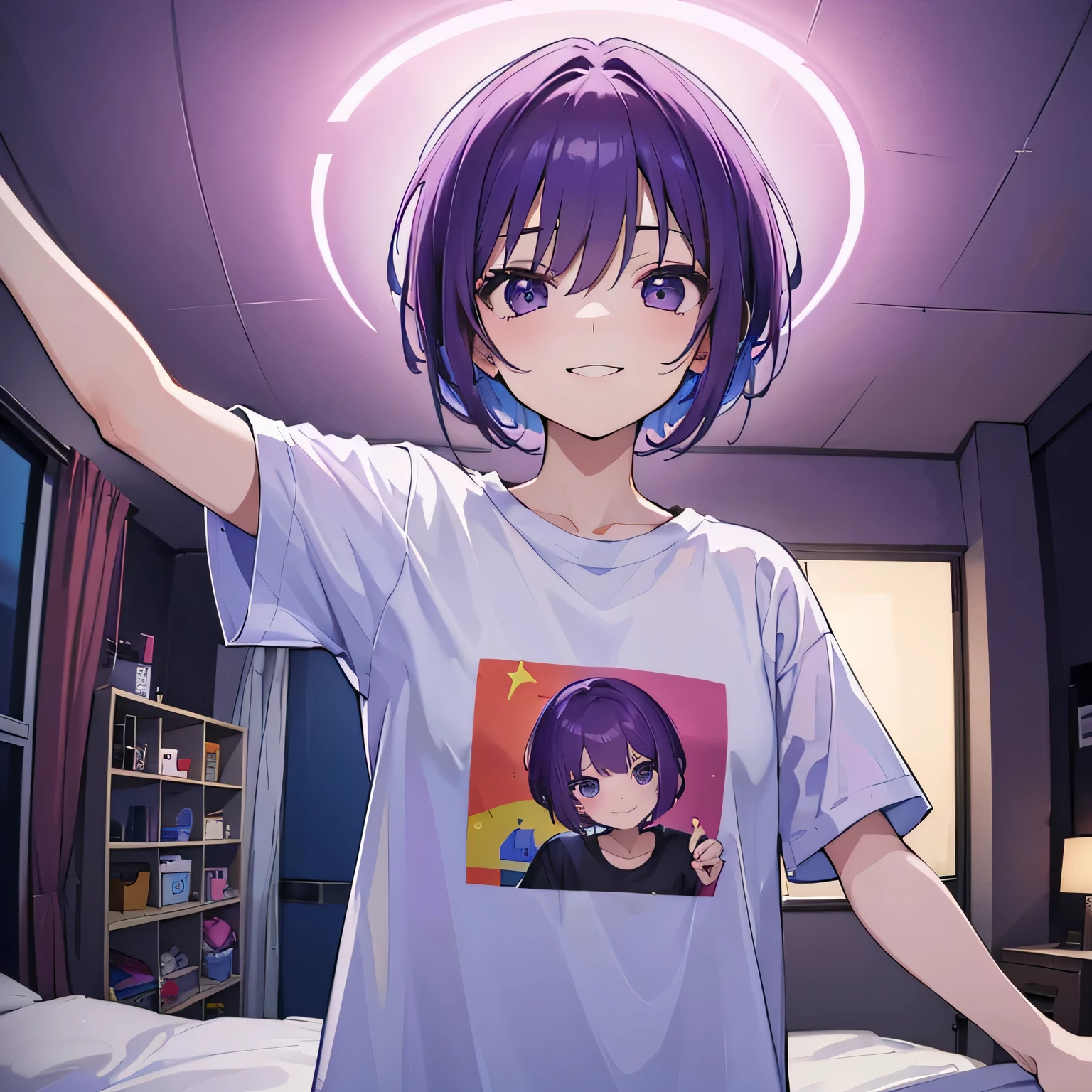 (T Masterpiece,4K wallpaper,Best Quality))、((girl1people))、(solo)、Bright and Brilliant,(Purple Hair)、(short hair:1.3)、smile、Bedroom、T-Shirts、night