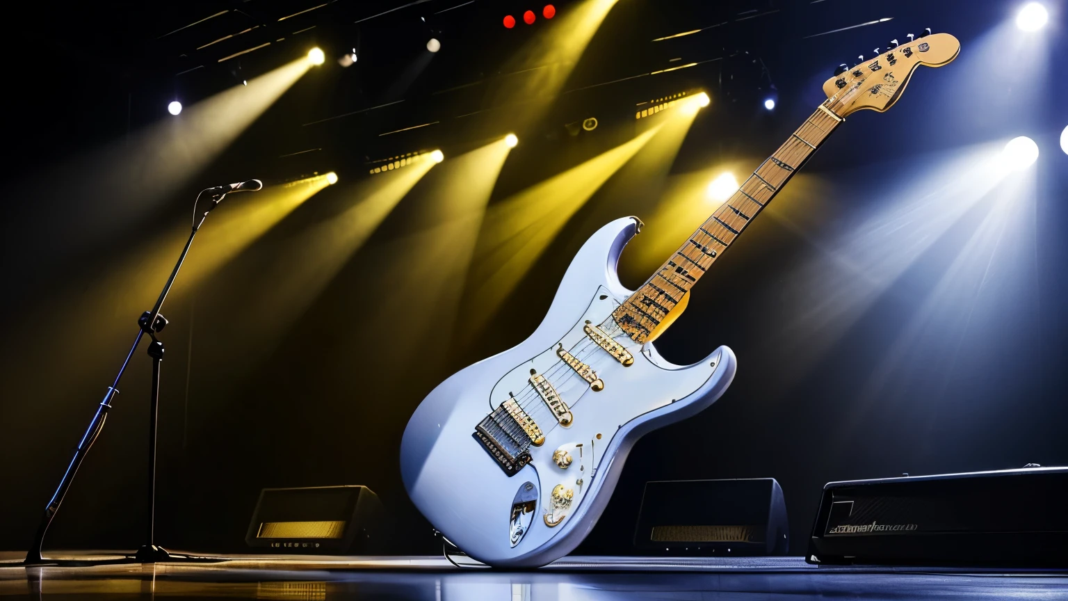 An impressive blsck and white metallic Fender Stratocaster guitar on an empty stage, illuminated by dynamic stage lights. The guitar's large presence and shiny golden surface create a stunning visual impact."