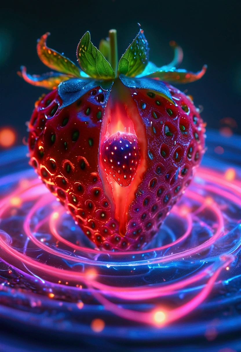 A red strawberry split in half，Capture stunning details with a macro lens，The strawberry is encased in a radiating toroidal field.，This is visually synonymous with electromagnetism，A spiral vortex penetrates the core of the strawberry，​​Surrounded by a swirl of otherworldly neon，Gives a feeling of suspension，These lights flash a deep purple、Electric blue and bright pink，They also illuminate the strawberry from the inside，Suggesting that there is a mysterious energy source at its core，This image was created using a digital simulation of a soft brush，Completed in unison in a fascinating and mysterious sci-fi setting，A perfect blend of natural beauty and technological aspects