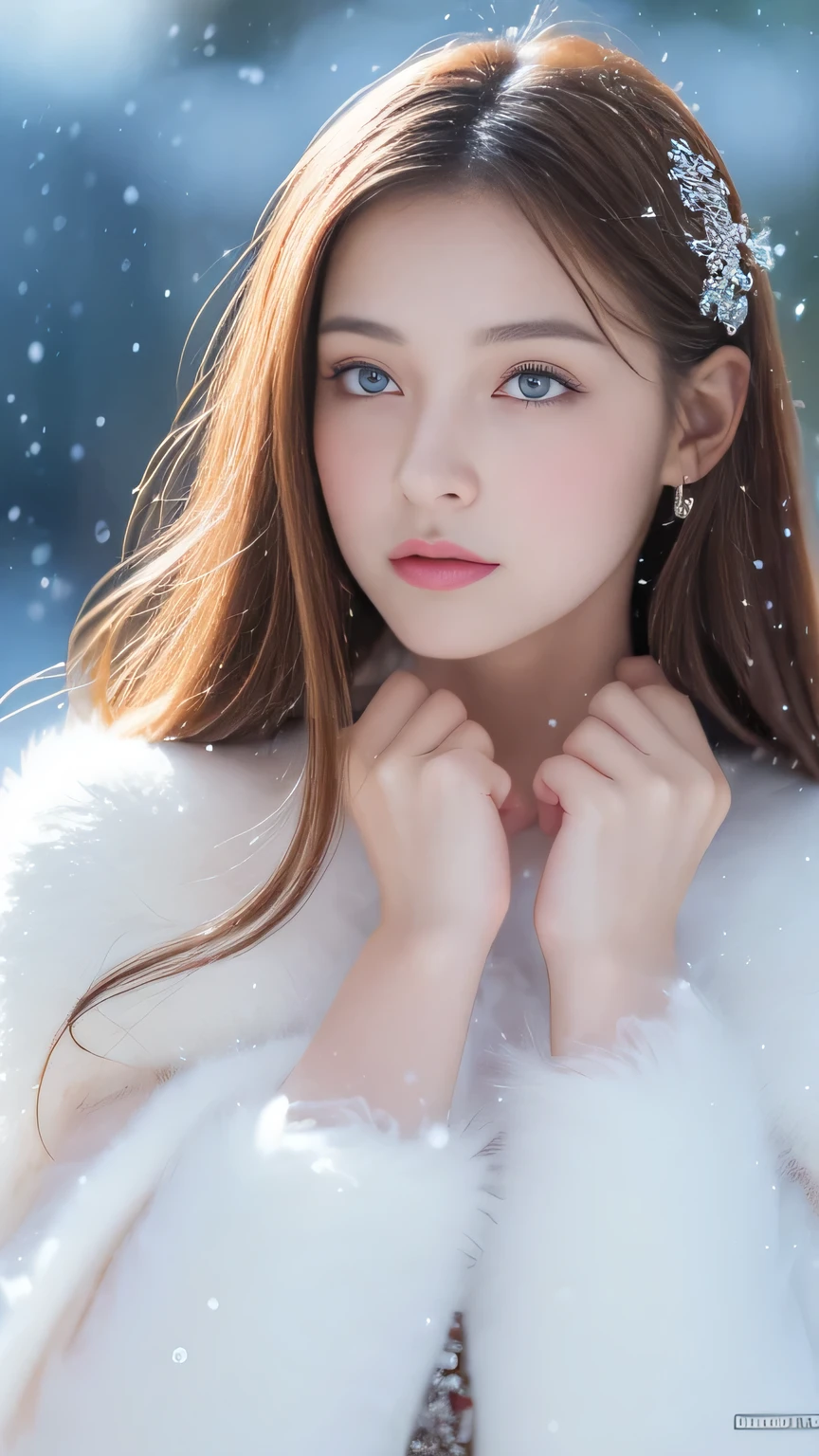 (highest quality, 8k, 32K,details are very clear),realistic, High resolution, 1 Japanese women, alone, (ta costume),luxurious costume,facing the audience,(Upper body,upper limbs), beautiful eyes, brown hair, ring-shaped eyes, (outside,heavy snowfall,thick fur cape,cover with snow),snowfield,blue eyes,highest qualityのイラスト,detailed facial features