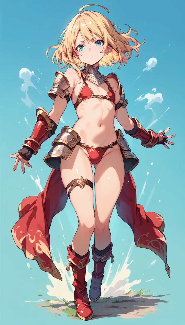 open stance, Red Bikini Armor, boots, gauntlet, Stand with hands outstretched, full body, solo, standing, femboy, young, short Blonde straight hair, Blue eyes, (simple background:1.3)