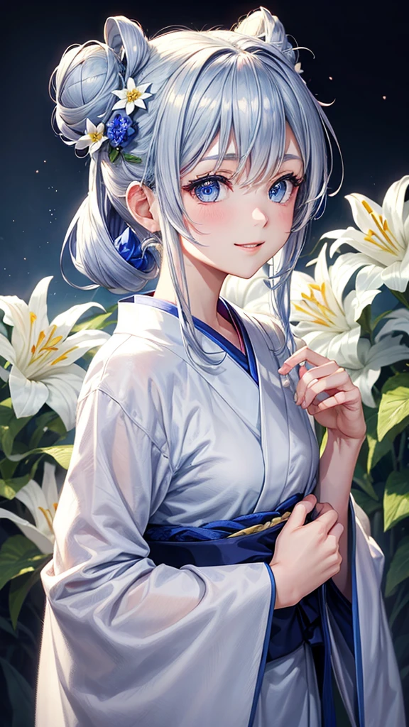 Anime character, half body only, upper body only, half body portrait, posing like a model, good looking, beautiful, full of details, aesthetic, hd, masterpiece art, amazing work. Solo, young girl, hair in bun, one bun, just one bun, flower accessories in bun, bluish gray colored hair, Lady, blue eyes, smile, elegant look, elegant carrying, white Japanese kimono, blue decoration, Lily flower theme, eyes facing camera, there are no hands to hinder the appearance, hands down, simple background.