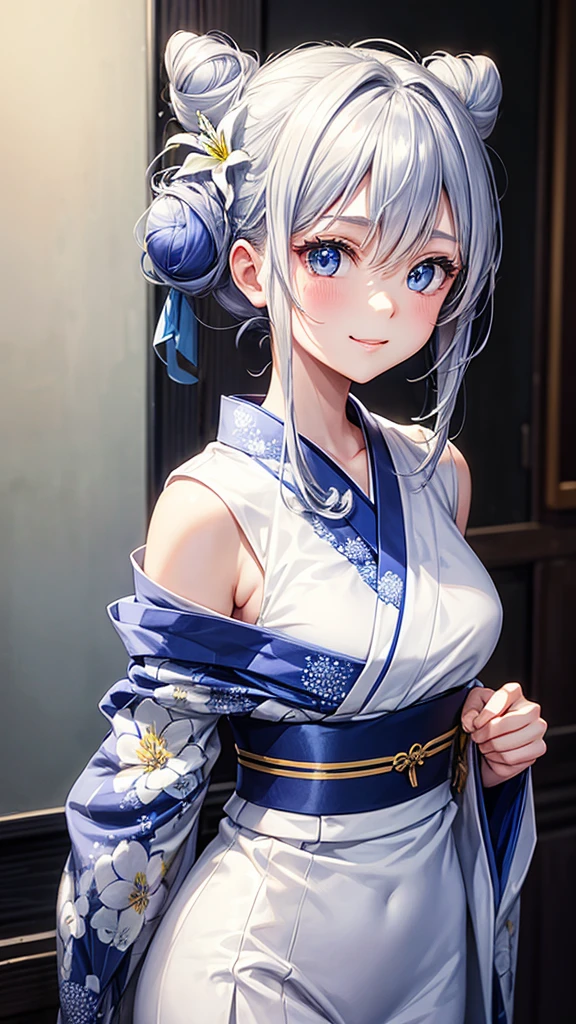 Anime character, half body only, upper body only, half body portrait, posing like a model, good looking, beautiful, full of details, aesthetic, hd, masterpiece art, amazing work. Solo, young girl, hair in bun, one bun, just one bun, flower accessories in bun, bluish gray colored hair, Lady, blue eyes, smile, elegant look, elegant carrying, white Japanese kimono, blue decoration, Lily flower theme, eyes facing camera, there are no hands to hinder the appearance, hands down, simple background.