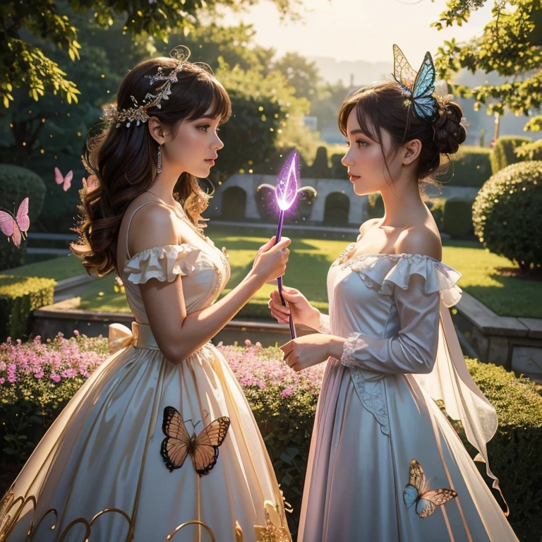 (masterpiece, best quality:1.5), highest quality, High resolution, super detailed, Realists, Upper body photo of a brunette young magical girl, detailed and beautiful eyes, beautiful detailed lips, very detailed eyes and face, longeyelashes, shiny satin dress, Holding a magic wand in your hand, Cast a transformation spell, With her magic wand she transforms snails into butterflies, Glowing wands available,Beautiful and colorful makeup, elegant and noble々The jewelry bag, Gardens as background, soft daylight, bright colors, fine brushstrokes, Portrait style, Silk dress fabric, beautiful color palette, glowing skin, First-class rendering, that captures every detail, enchanting atmosphere, subtle shadows and lights, (perfect anatomy:1.2), (The two stunning magical girls transform snails into butterflies. (a transformation with the magic wand:1.4), (magnificent panorama view:1.2)
