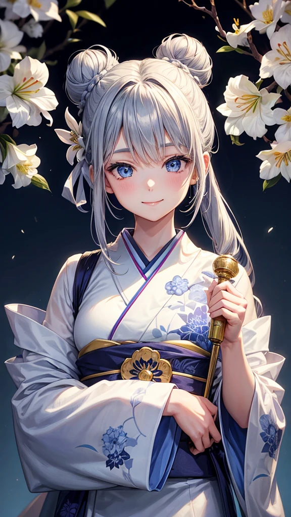 Anime character, half body only, upper body only, half body portrait, posing like a model, good looking, beautiful, full of details, aesthetic, hd, masterpiece art, amazing work. Solo, young girl, hair in bun, one bun, just one bun, flower accessories in bun, bluish gray colored hair, Lady, blue eyes, smile, elegant look, elegant carrying, white Japanese kimono, blue decoration, Lily flower theme, eyes facing camera, there are no hands to hinder the appearance, hands down, simple background.