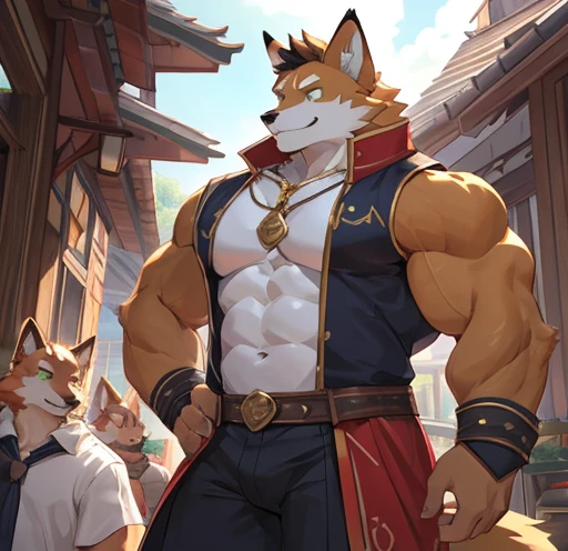 male:1.1, canin, renard :1.1, were , Muscle, Gros muscles, c big pectorals, mature male, hairs, jaune fur color, Green eyes, blissful, gentle, expression tendre, collier de chien , queue renard visible,corps musclé et nu, penis and testicles visible, :1.1, tout le corps:1.1, by doooo2424, by doooo, on Kusunagi), (best quality:1.2, 4K, 8k, high resolution,no hair , head of'artwork:1.2), ultra-detailed, (realistic:1.37, photorealistic:1.37), HDR, uhd, studio d'lighting, Ultra fine paint, acuity, Physics-based rendering, fur color jaune, extremely detailed description, professionnel, couleurs vives, renard-human hybrid queue renard visible, force, pouvoir, bare penis and visible testicles