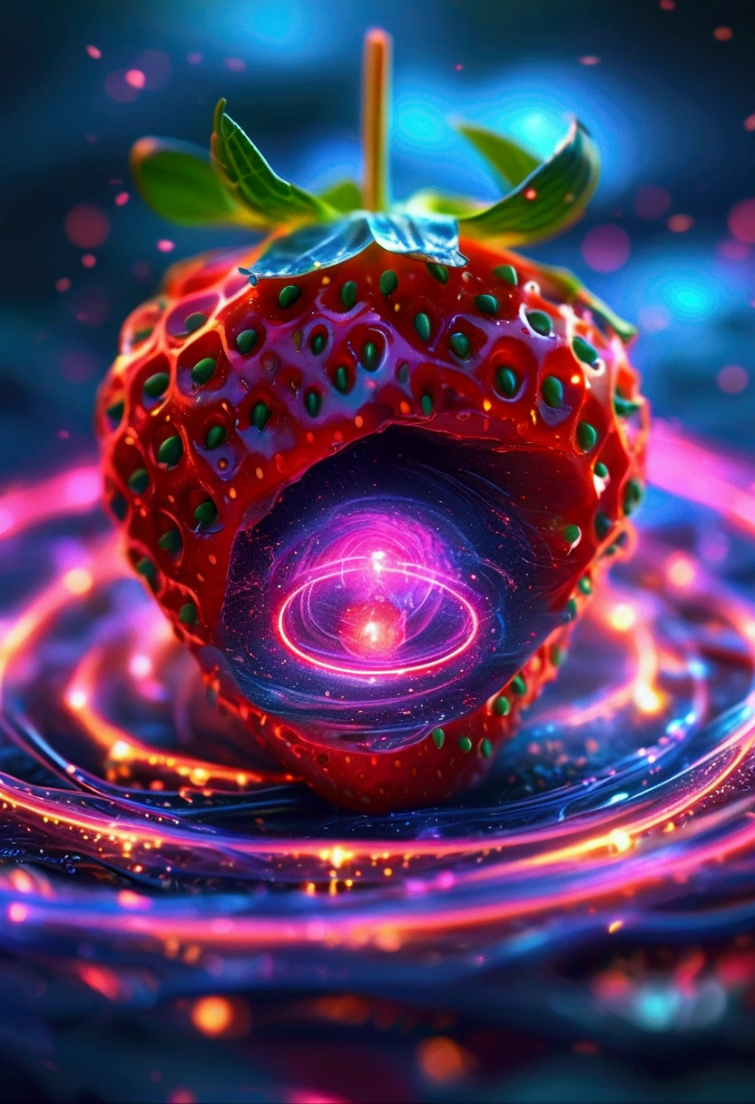 A red strawberry split in half，Capture stunning details with a macro lens，The strawberry is encased in a radiating toroidal field.，This is visually synonymous with electromagnetism，A spiral vortex penetrates the core of the strawberry，​​Surrounded by a swirl of otherworldly neon，Gives a feeling of suspension，These lights flash a deep purple、Electric blue and bright pink，They also illuminate the strawberry from the inside，Suggesting that there is a mysterious energy source at its core，This image was created using a digital simulation of a soft brush，Completed in unison in a fascinating and mysterious sci-fi setting，A perfect blend of natural beauty and technological aspects